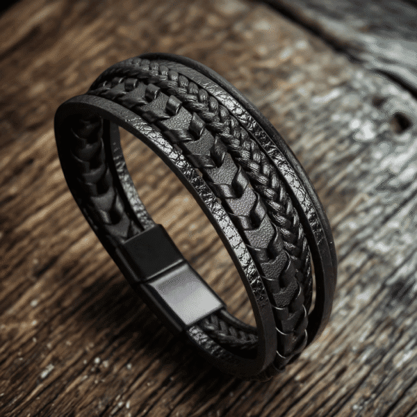Bracelet cuir tressé multicouche – Style vintage homme – Image 2